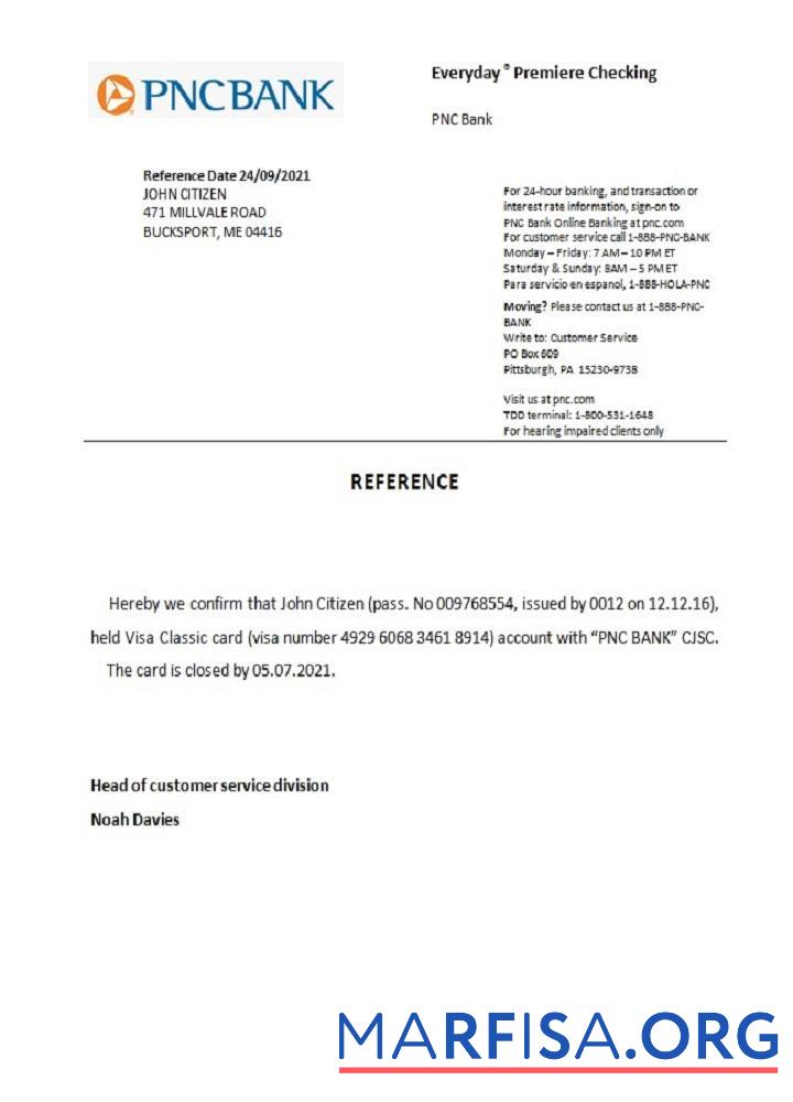 Printable USA PNC closure reference real example